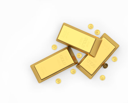 Gold bars and coins isolated on a white background. 3D illustration