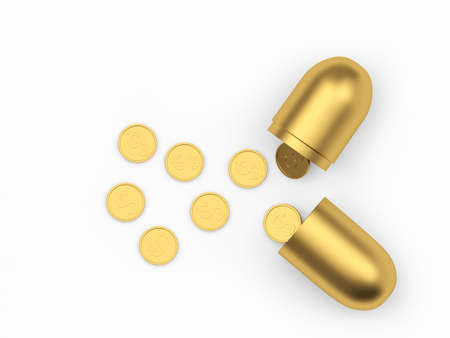 Coins with a Dollar sign pouring out of a golden open medical capsule isolated on a white background. 3D illustrationの写真素材