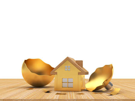Golden house icon and a broken Christmas ball on a wooden floor on white. 3D illustrationの写真素材