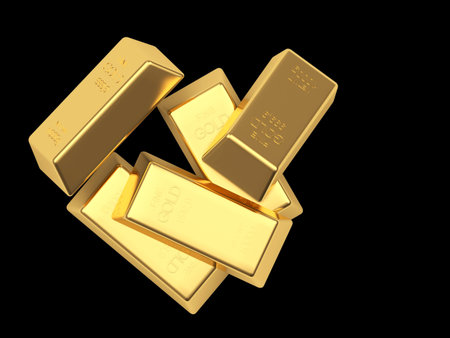 Several gold bars isolated on black background. 3D illustration