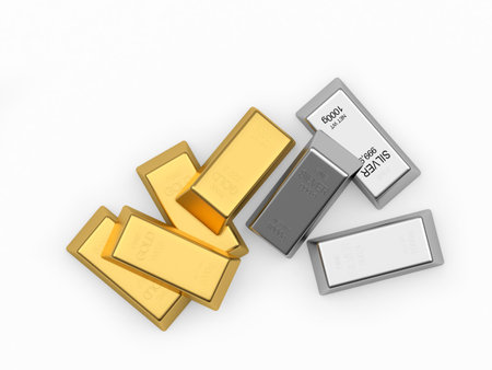 A pile of gold and silver bars isolated on white background. 3D illustration