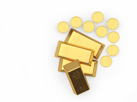Several gold bars and coins with a dollar sign and space for text isolated on a white background. 3D...