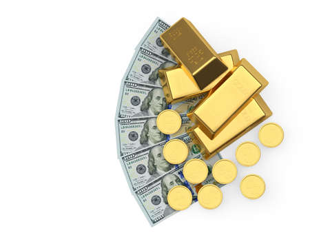 Pile of gold bars and coins on dollar bills with space for text isolated on white background. 3D illustrationの写真素材