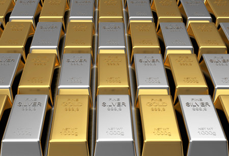 Rows of gold and silver bars as background. 3D illustration