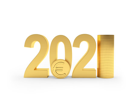 Number 2021 with euro coin and stack of gold coins isolated on white background. 3D illustration
