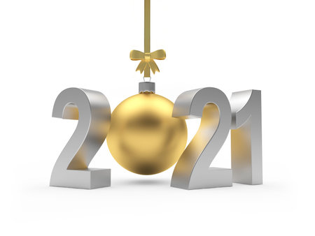 Silver number 2021 with golden Christmas ball with bow isolated on white background. 3D illustration