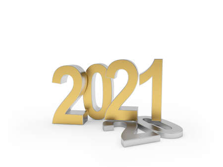 The golden number 2021 stands on a lying silver number 20 isolated on a white background. 3d illustrationの写真素材