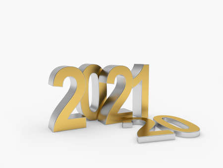 Number 2021 stands and number 20 lies, isolated on white background. 3d illustrationの写真素材