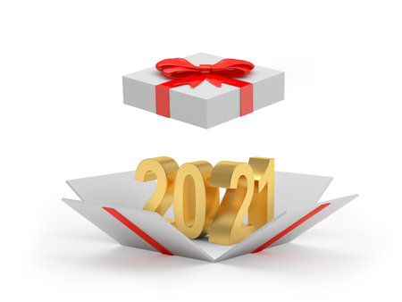 Golden number 2021 in an open gift box isolated on white background. 3D illustration