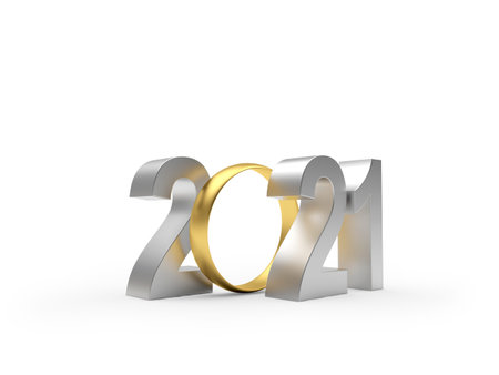 Silver number 2021 with golden wedding ring isolated on white background. 3d illustration