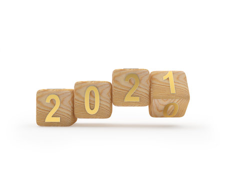 Wooden dice with number 2021 rotate isolated on white background. 3d illustration