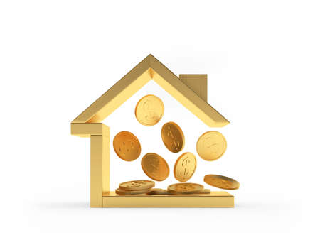Gold house icon with coins inside isolated on white background. 3D illustrationの写真素材