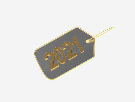 Metallic label with number 2021 isolated on white background. 3D illustration