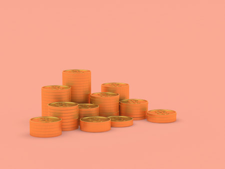 Coins in stacks on a pink background. 3D illustration