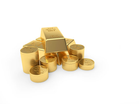 Heap of gold bars and coins stacked in piles isolated on a white background. 3D illustration