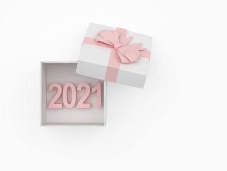 Number 2021 in a gift box with an open lid in pink pastel colors on a white background. 3d illustrationの写真素材
