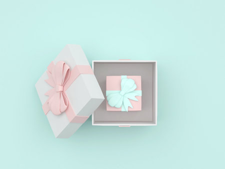 Open gift box with a present inside on a pastel blue background. 3D illustrationの写真素材