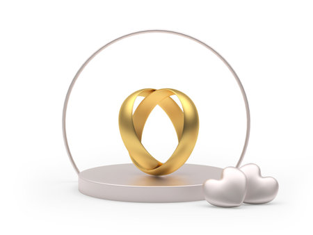Round pedestal with two wedding rings connected in the shape of a heart isolated on a white background. 3d illustrationの写真素材