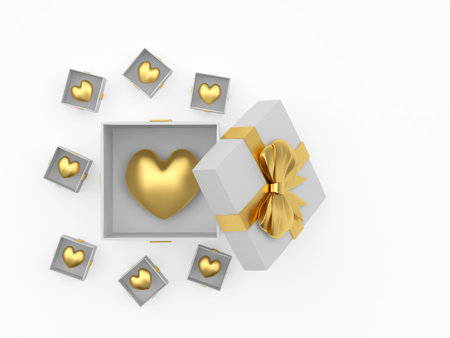 Gold hearts in open gift boxes isolated on white background. 3d illustrationの写真素材