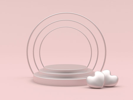 Empty round podium with two hearts near in pink pastel color. 3d illustrationの写真素材