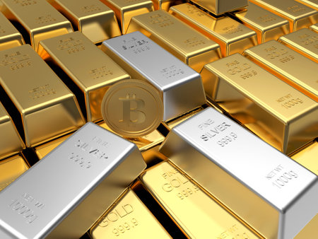 Rows of gold bars with bitcoin coin and silver bars. 3D illustrationの写真素材