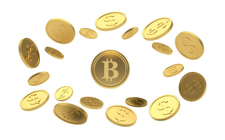 Gold bitcoin coin in a circle of dollar coins isolated on white background. 3d illustrationの写真素材