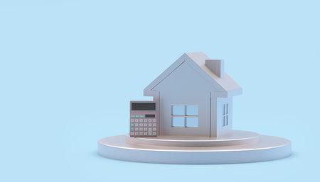 House with a calculator on a stand in pastel blue. 3D illustration