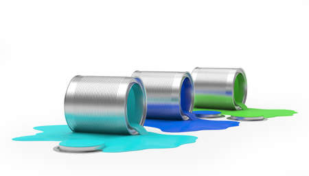Metal open cans with spilled paints isolated on a white background. 3d illustrationの写真素材