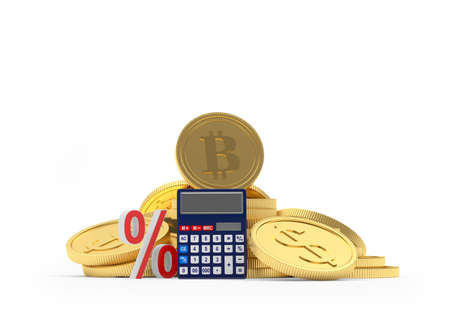 Heap of dollar and bitcoin coins with calculator and percentage sign. 3D illustrationの写真素材