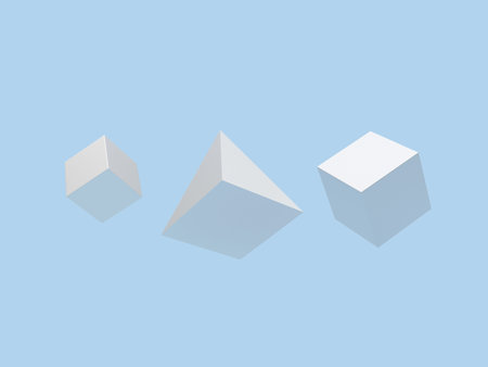 Geometric shapes cube and pyramid on blue pastel color. 3D illustration