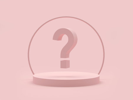 Question mark on a round stand in pastel pink. 3D illustration