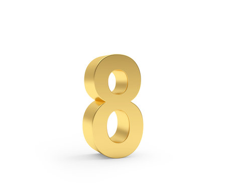 Number eight is made of gold metal on a white background. 3d illustration