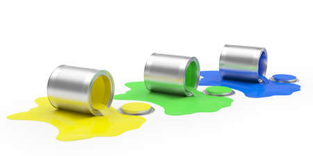 Metal open cans with spilled paints isolated on a white background. 3d illustrationの写真素材