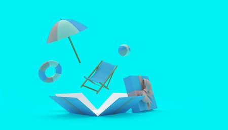 A beach umbrella with a sun lounger and a lifebuoy fly out of a gift box on a blue background. 3D illustrationの写真素材
