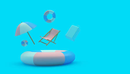 Large lifebuoy with falling beach umbrella and suitcase and ball on blue background. 3D illustrationの写真素材
