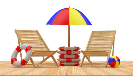 Two wooden deck chairs with a beach umbrella in a stack of lifebuoys. 3D illustrationの写真素材