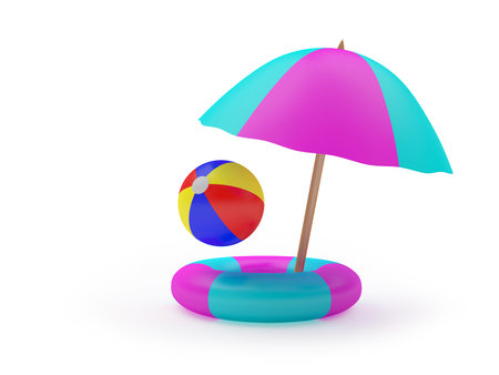 Beach umbrella and ball in a life ring. 3D illustration