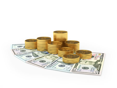 Stacks of gold dollar coins on dollar bills. 3D illustration