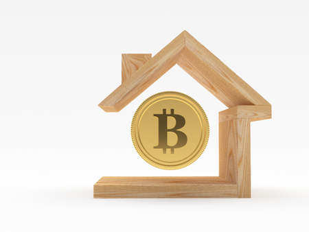Bitcoin in wooden house icon isolated on white background. 3D illustrationの写真素材