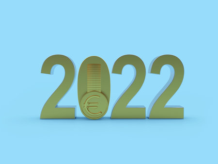 Number 2022 with euro coins over blue background. 3D illustrationの写真素材