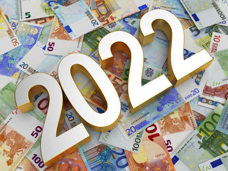 Silver number 2022 on various euro banknotes. 3D illustrationの写真素材