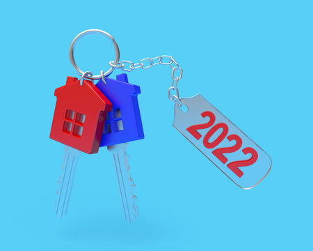 Set of colorful keys with a keychain with the number 2022 on blue. 3D illustration
