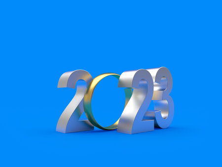 Wedding ring with number 2023 on blue. 3D illustrationの写真素材