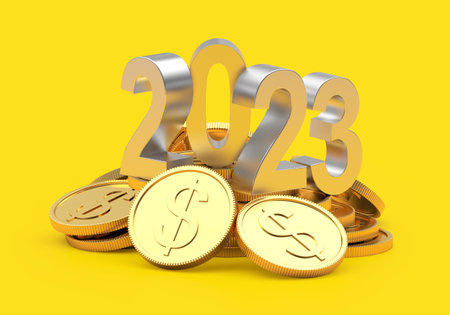A pile of golden coins with the number 2023 on yellow. 3D illustrationの写真素材