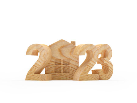 Wooden number 2023 with house icon isolated on white. 3D illustrationの写真素材