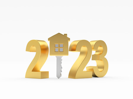 Real estate concept. Golden house key with number 2023. 3D illustrationの写真素材