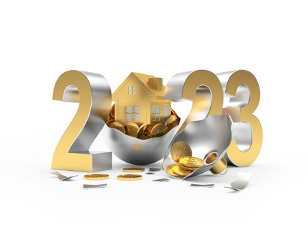 Golden number 2023 with a house and coins in a broken Christmas ball. 3D illustrationの写真素材