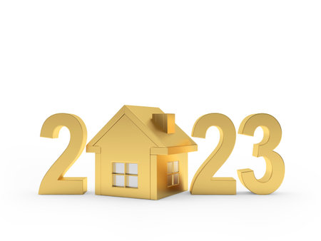 Golden house icon with number 2023. 3D illustrationの写真素材