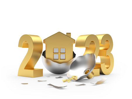 Golden house icon in Christmas ball with number 2023. 3D illustrationの写真素材