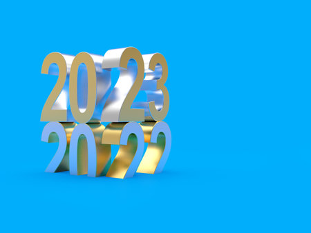 The metallic number 2023 changes from 2022 on a blue background. 3D illustrationの写真素材
